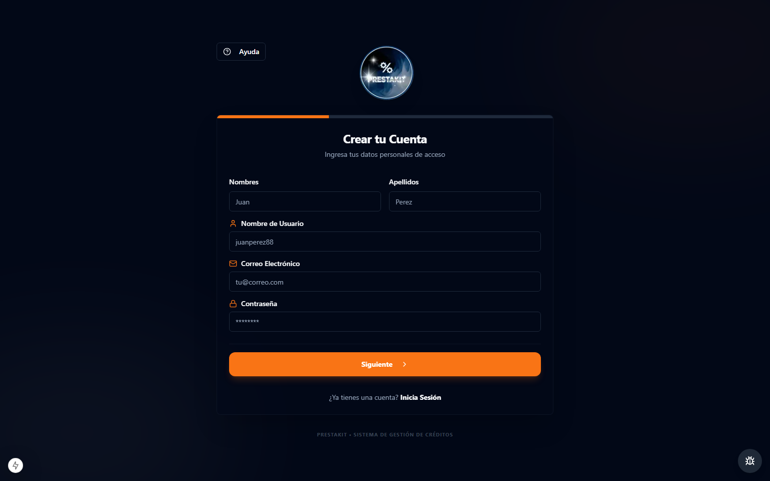 Pantalla de registro